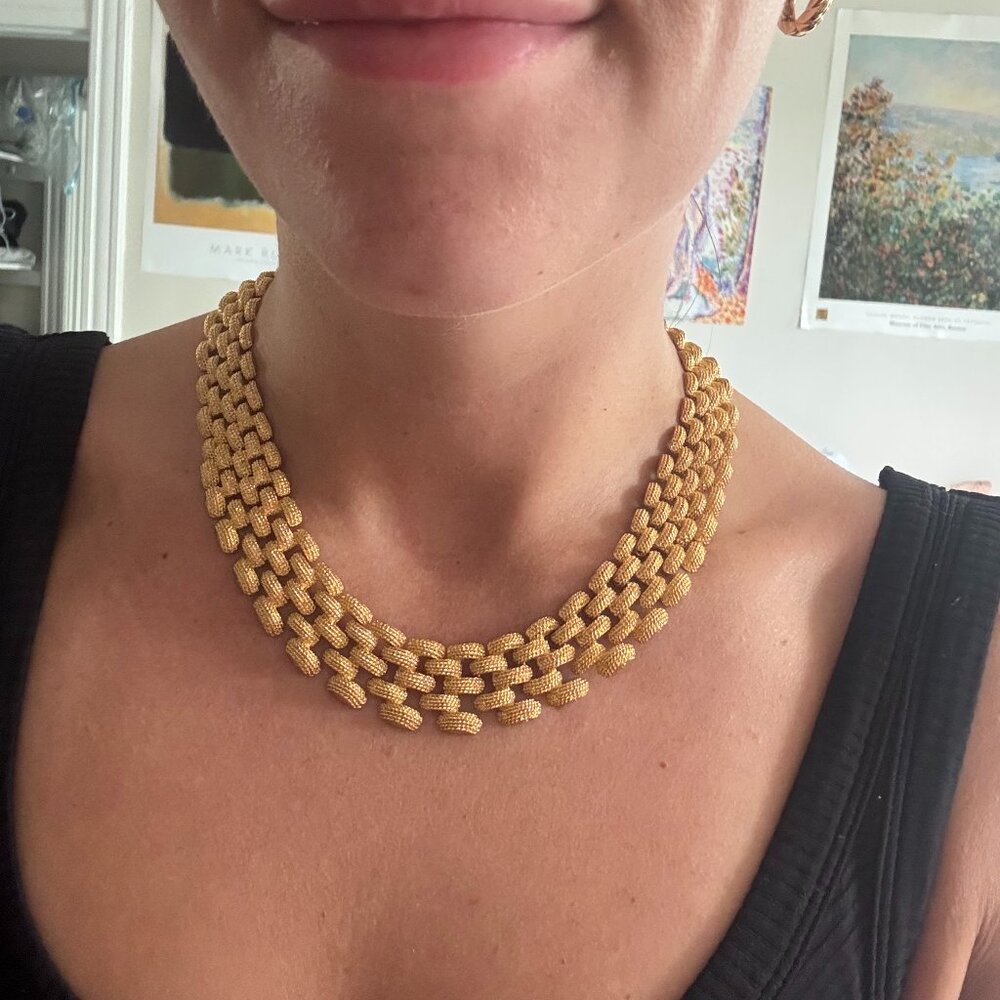 Vintage Textured Gold Tone Link Collar Necklace | 60s Statement Costume Jewelry